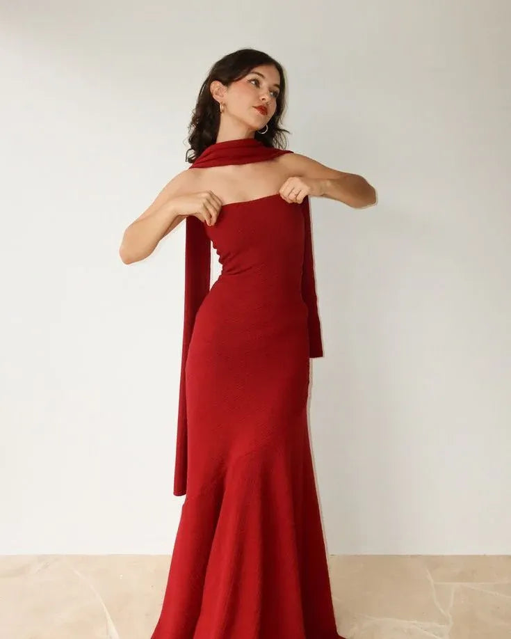 Luxe Knit Long Evening Dress Burgundy Strapless Scarf-Accent for Women