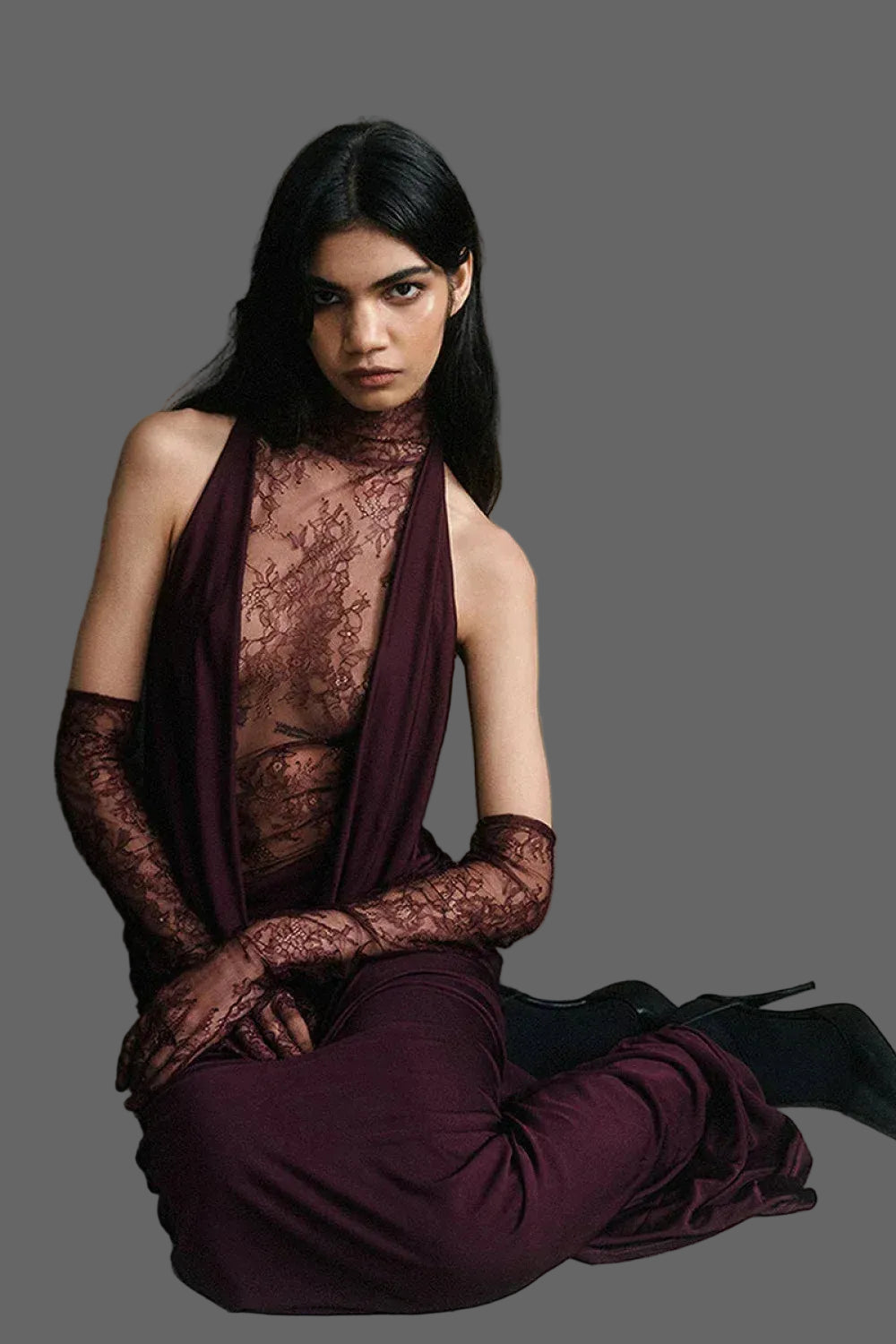 Luxe Lace-Mesh Midi Evening Dress Burgundy Halter High Neck for Women