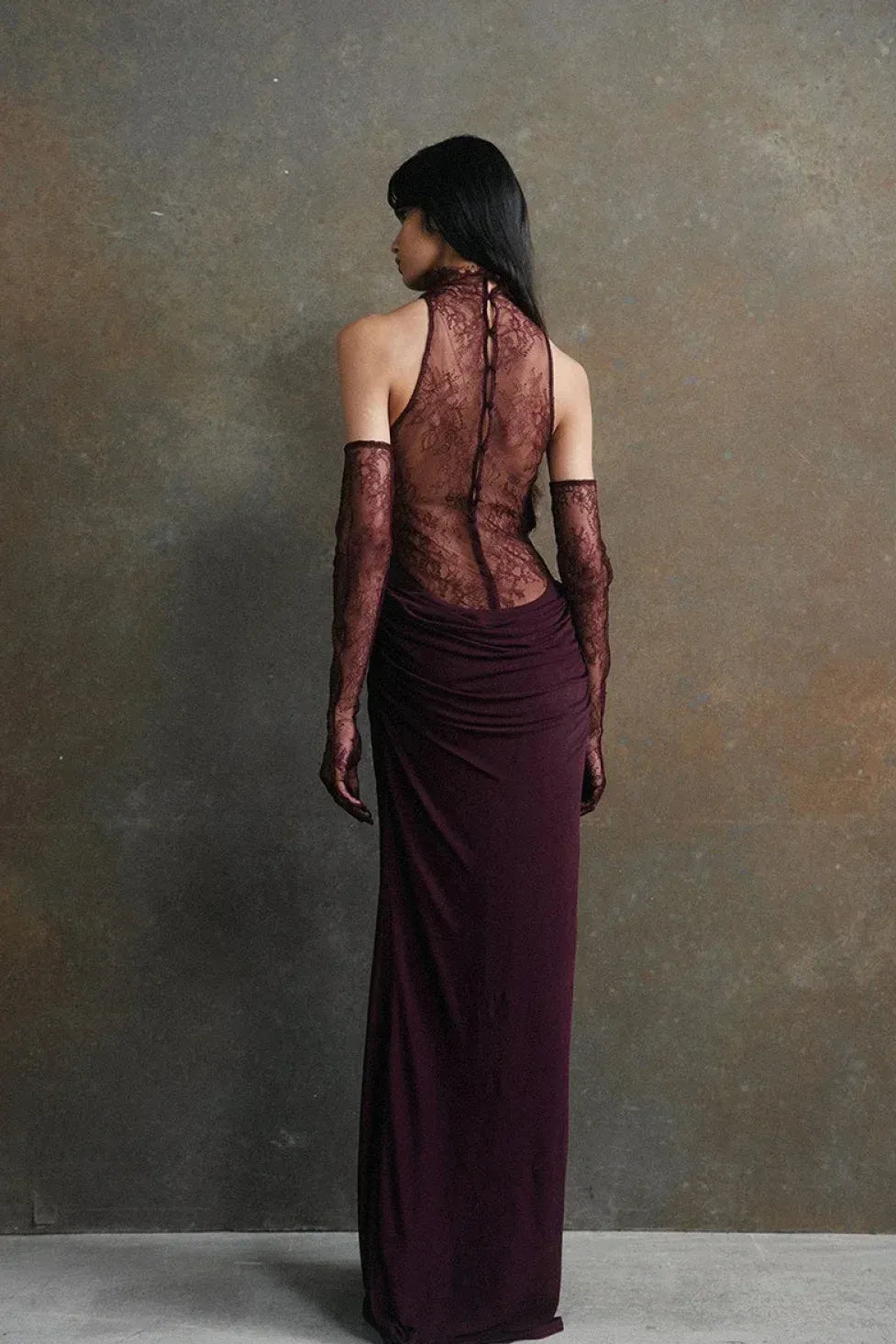 Luxe Lace-Mesh Midi Evening Dress Burgundy Halter High Neck for Women