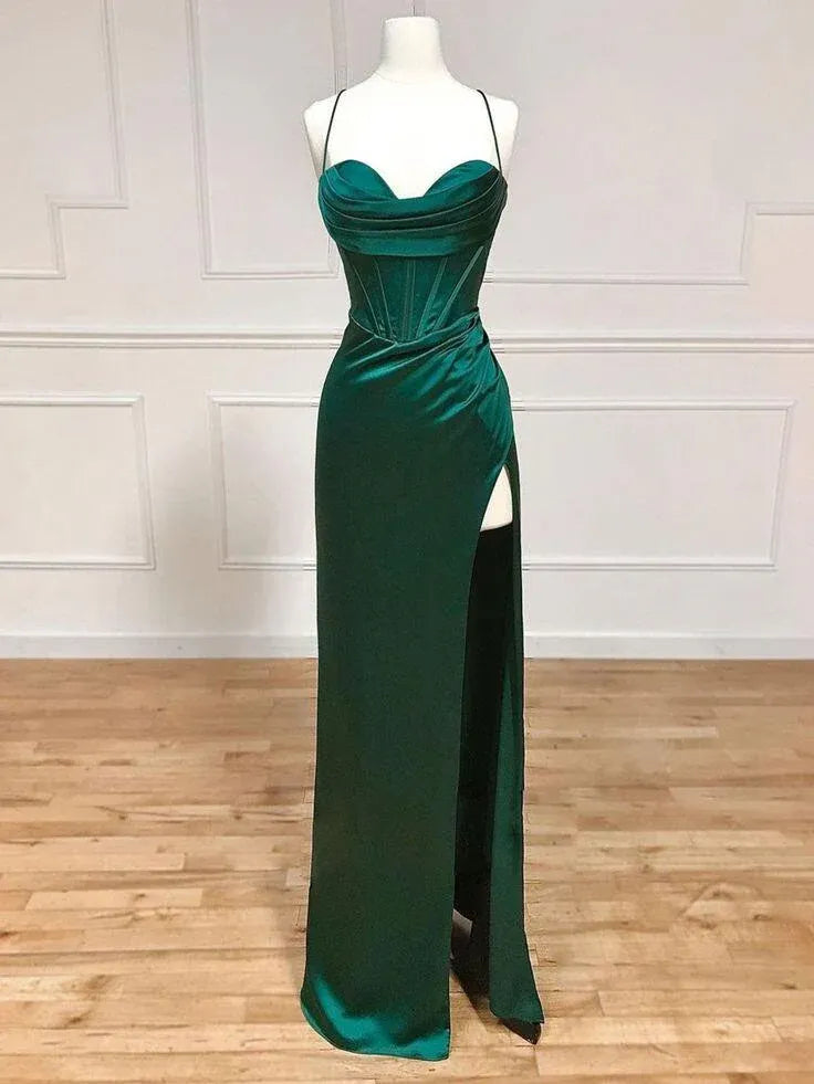 Luxe Mermaid Cowl-Neck Sleeveless Corset-Accented Emerald-Green Maxi Prom Dress for Women ready to ship