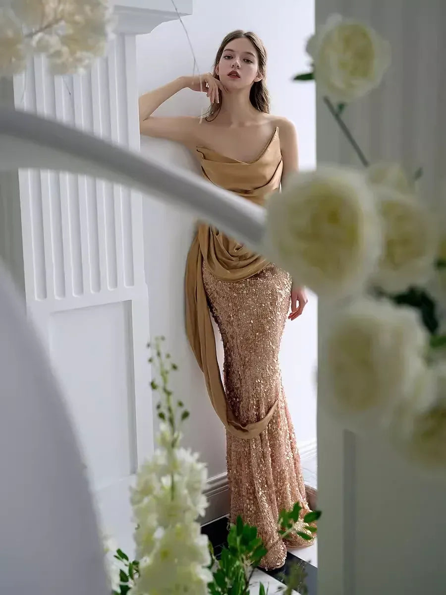 Luxe Mermaid Cowl-Neck Sleeveless Sequin-Accented Gold Maxi Prom Dress for Women hot sale