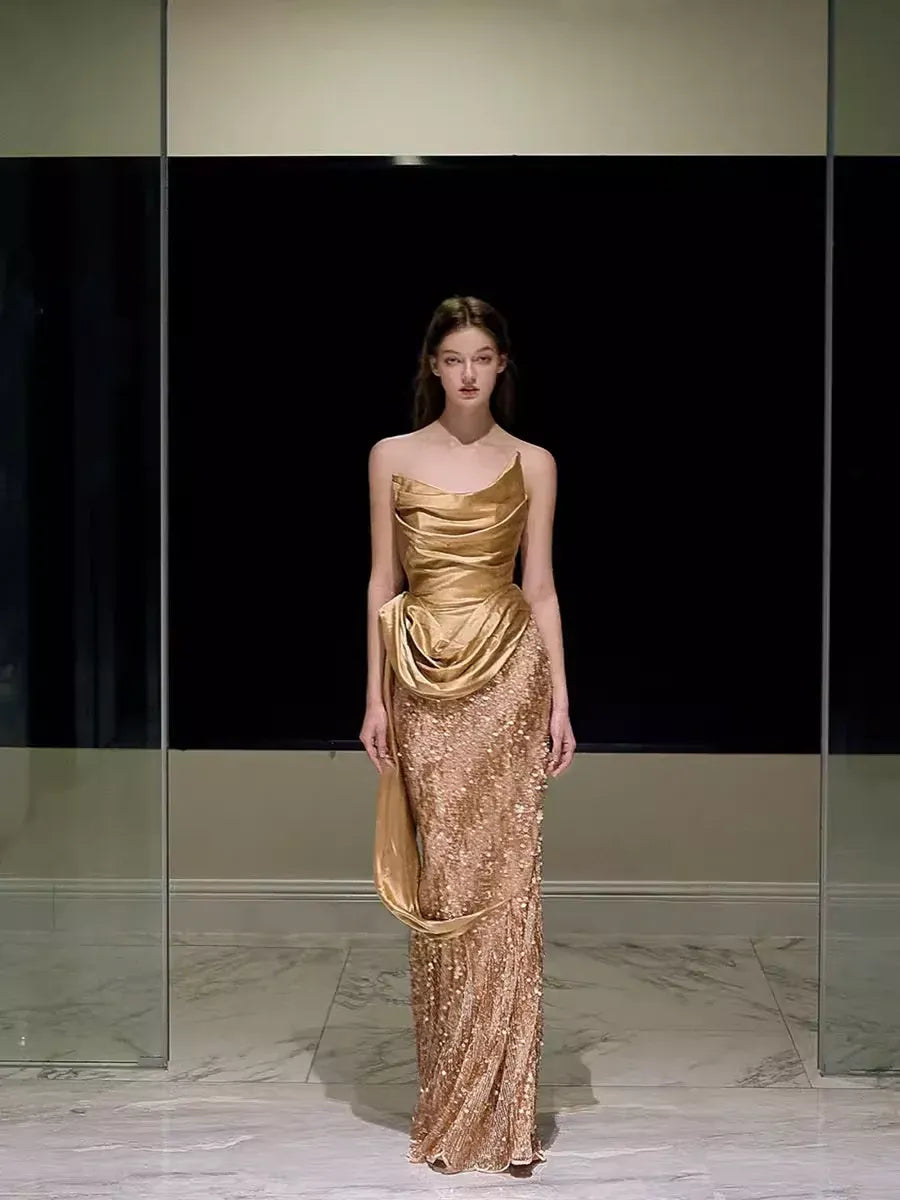 Luxe Mermaid Cowl-Neck Sleeveless Sequin-Accented Gold Maxi Prom Dress for Women hot sale