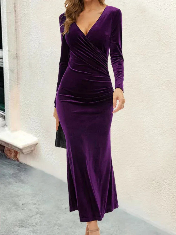 Luxe Mermaid Deep V Long-Sleeve Draped Velvet Burgundy Midi Evening Dress for Women