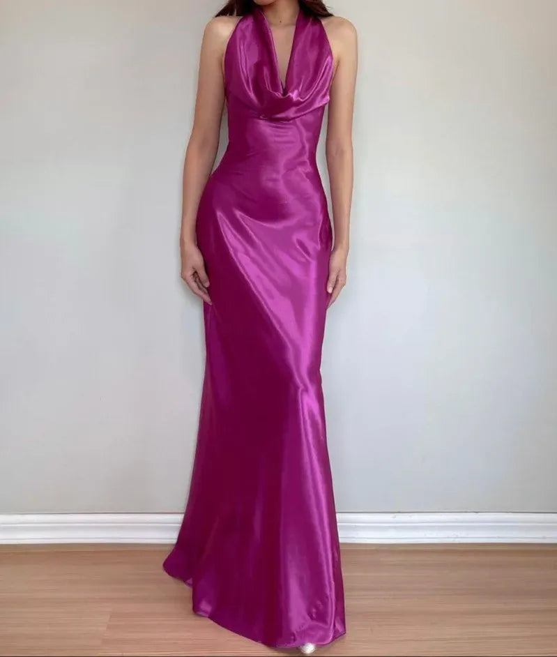 Luxe Mermaid Halter Sleeveless Draped Magenta Maxi Prom Dress for Women Ready to Ship