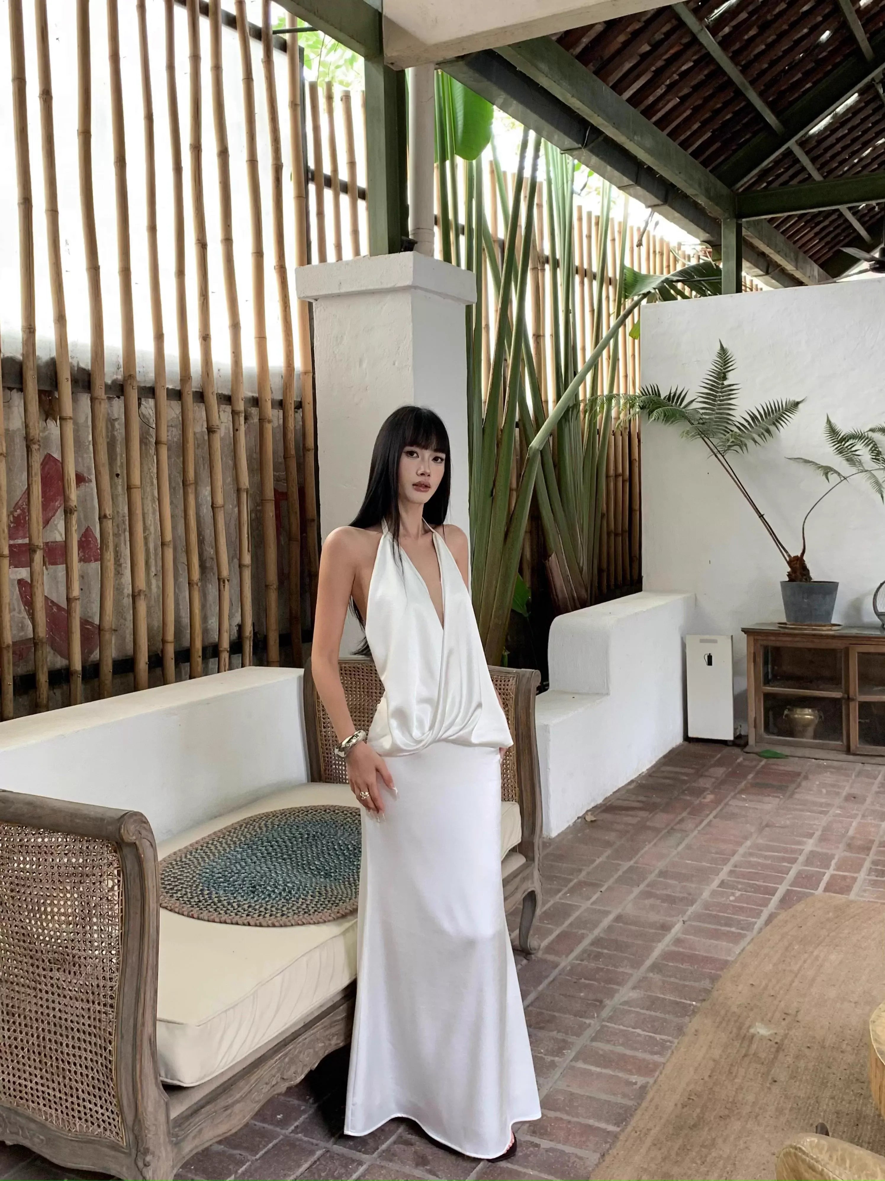 Luxe Mermaid Halter Sleeveless Draped White Maxi Prom Dress for Women Custom