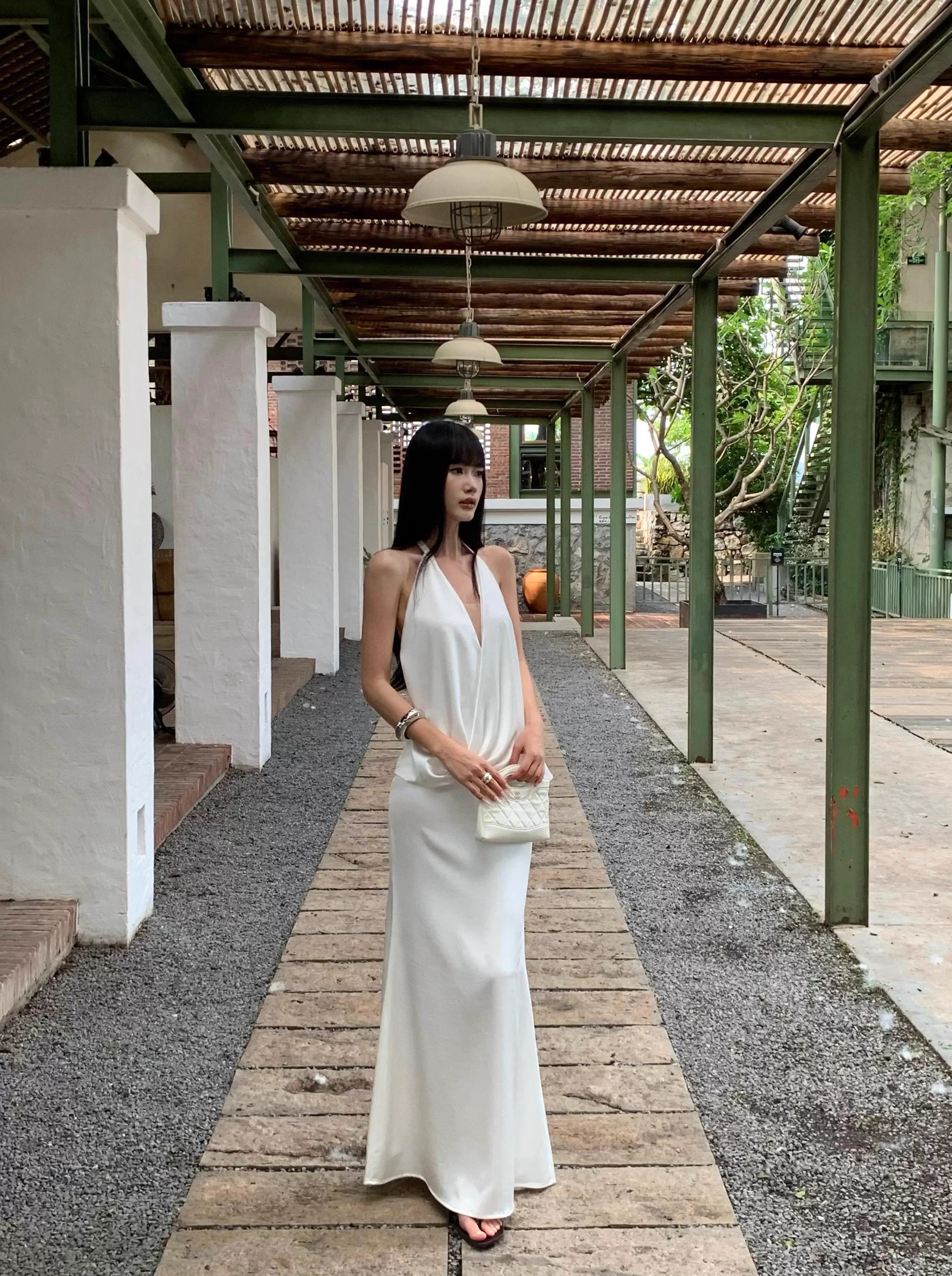 Luxe Mermaid Halter Sleeveless Draped White Maxi Prom Dress for Women Custom