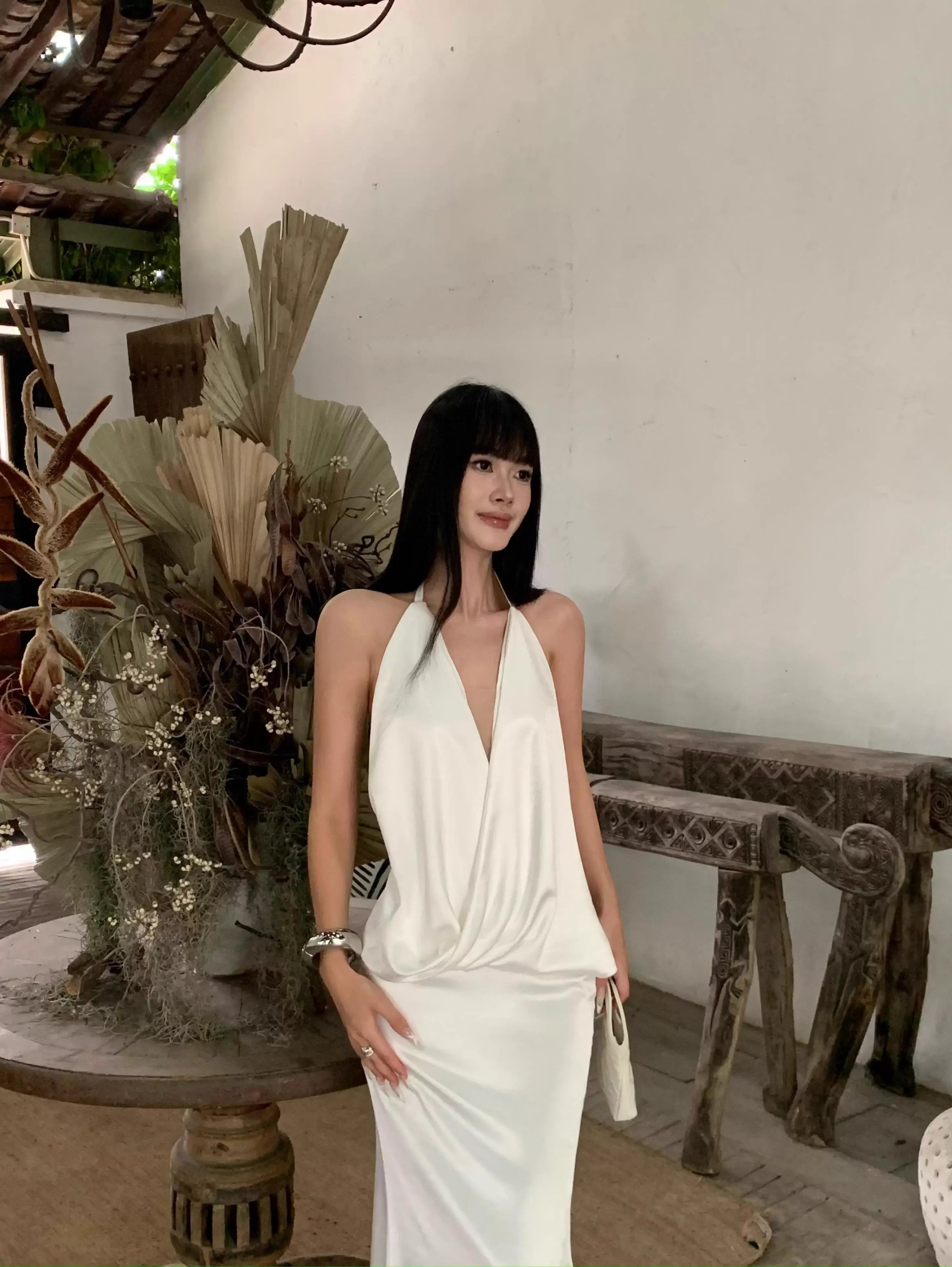 Luxe Mermaid Halter Sleeveless Draped White Maxi Prom Dress for Women Custom