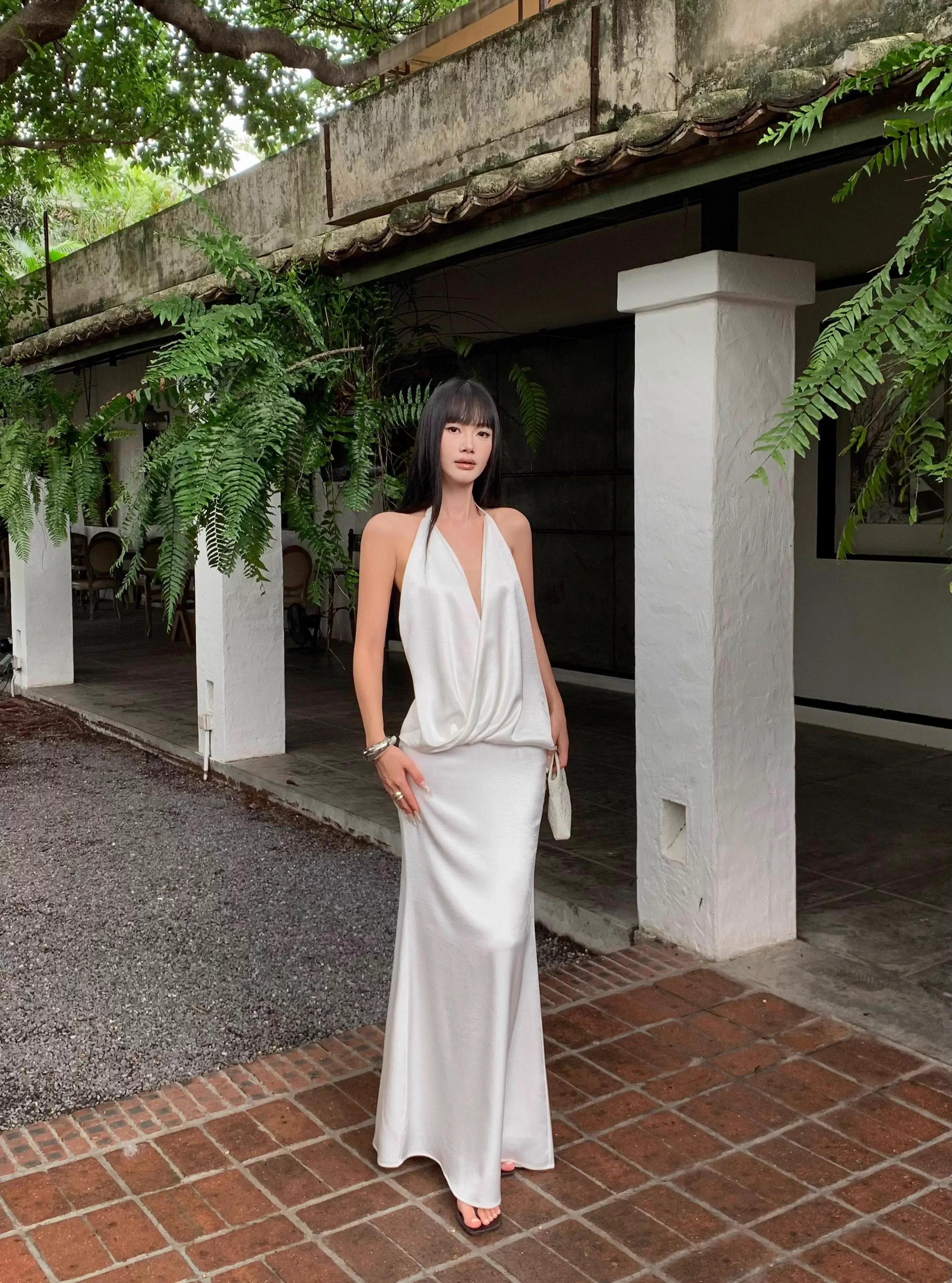 Luxe Mermaid Halter Sleeveless Draped White Maxi Prom Dress for Women Custom