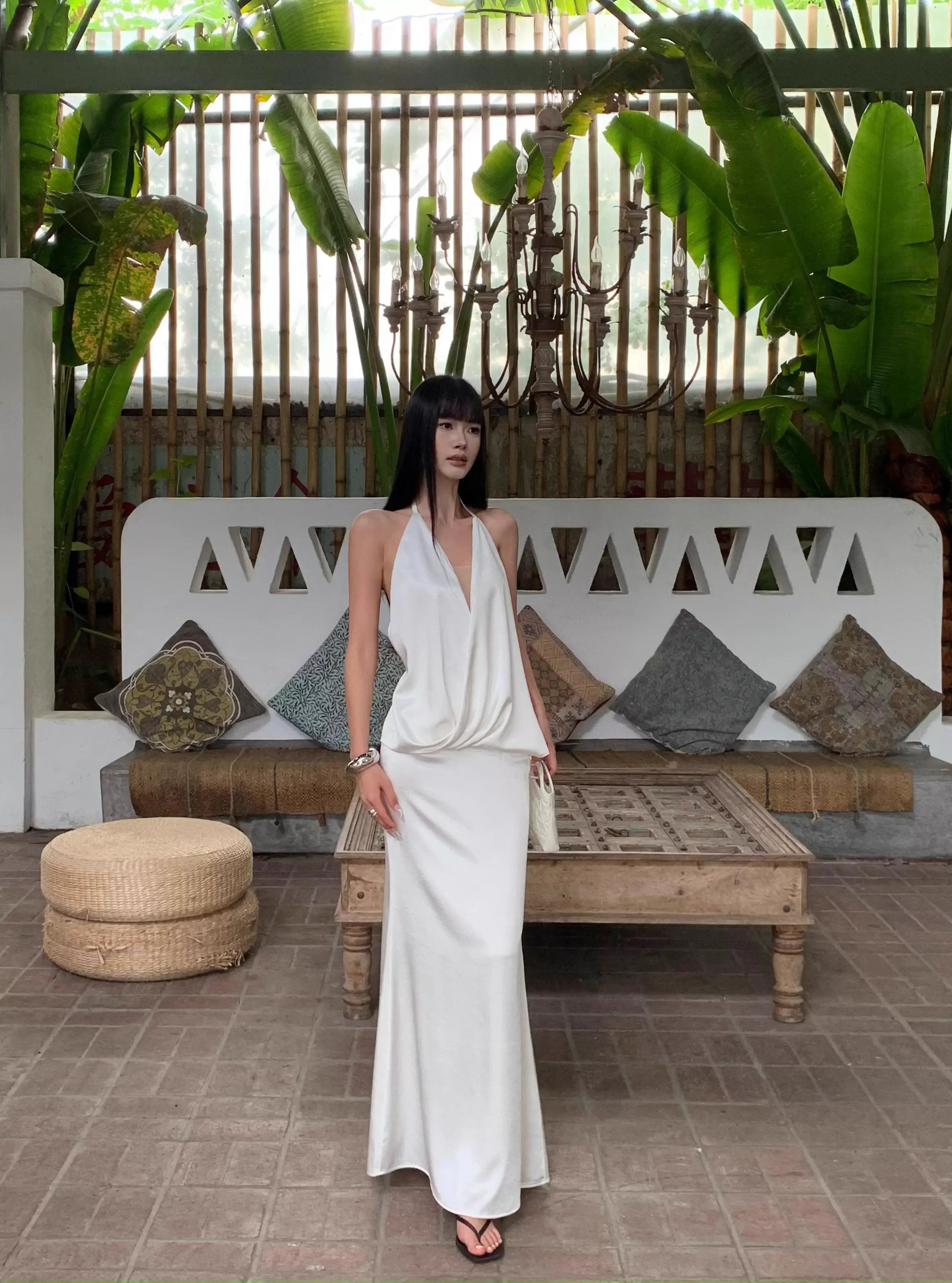 Luxe Mermaid Halter Sleeveless Draped White Maxi Prom Dress for Women Custom