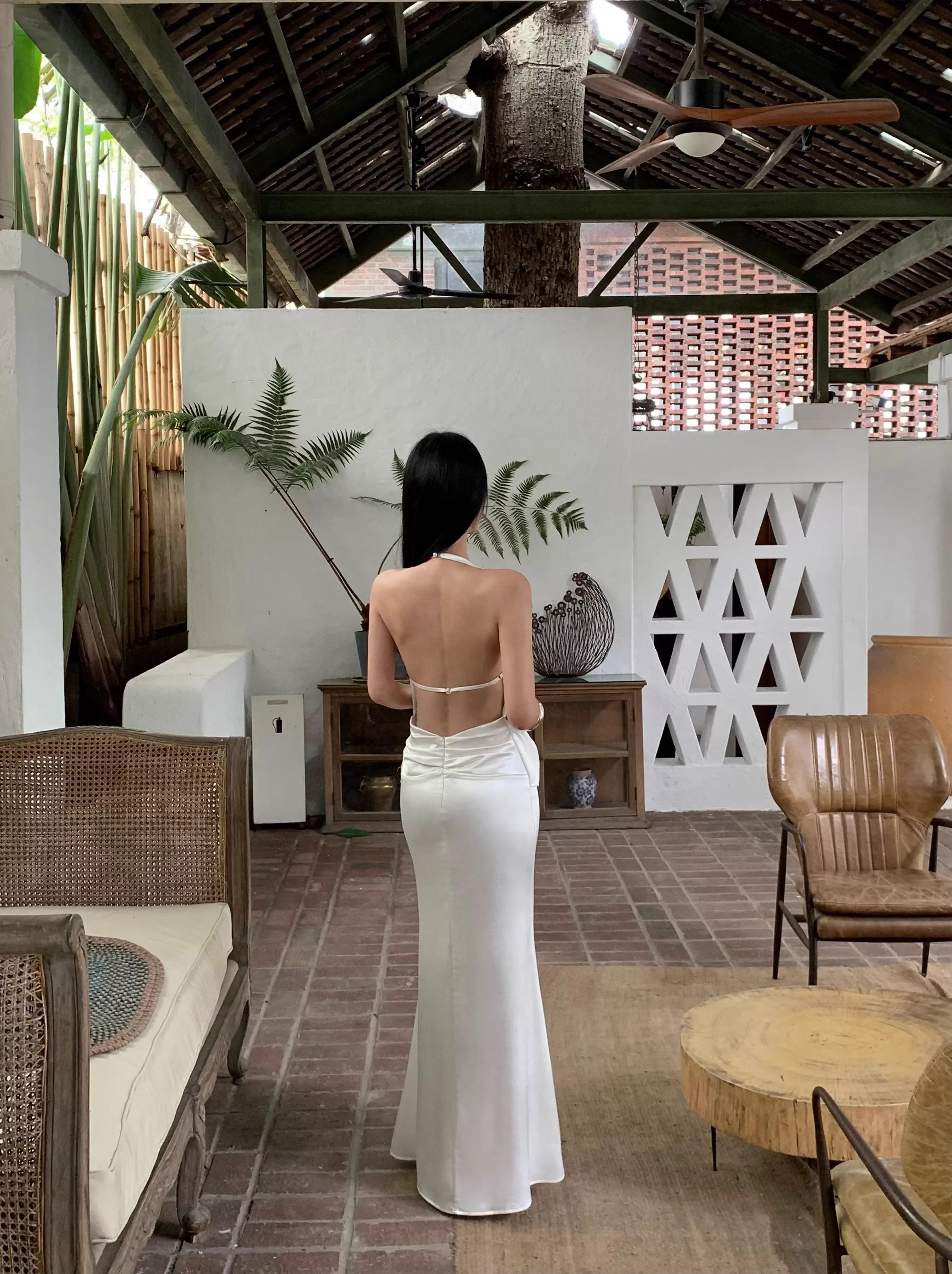 Luxe Mermaid Halter Sleeveless Draped White Maxi Prom Dress for Women Custom