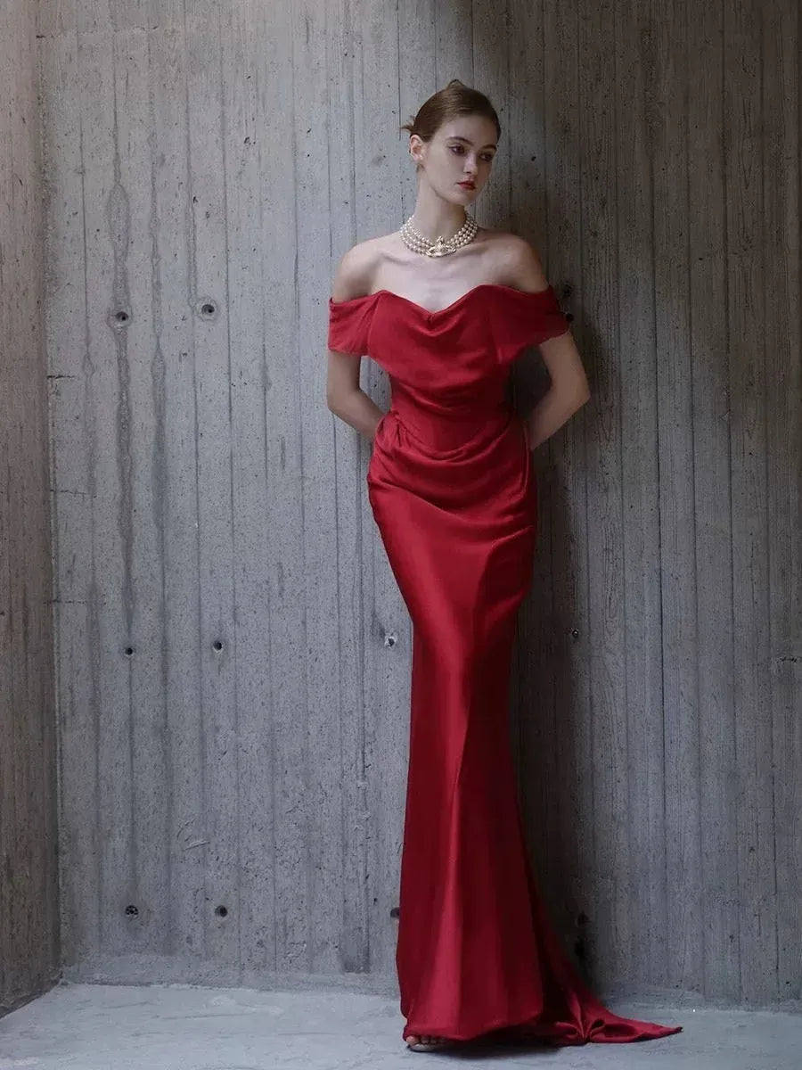 Luxe Mermaid Off-Shoulder Draped Red Long Prom Dress for Women Ready to Ship