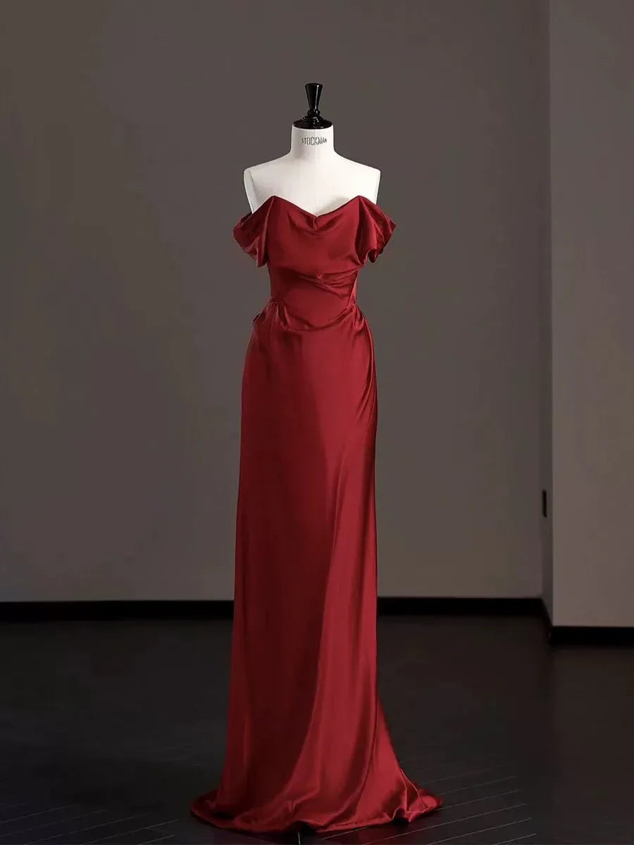 Luxe Mermaid Off-Shoulder Draped Red Long Prom Dress for Women Ready to Ship