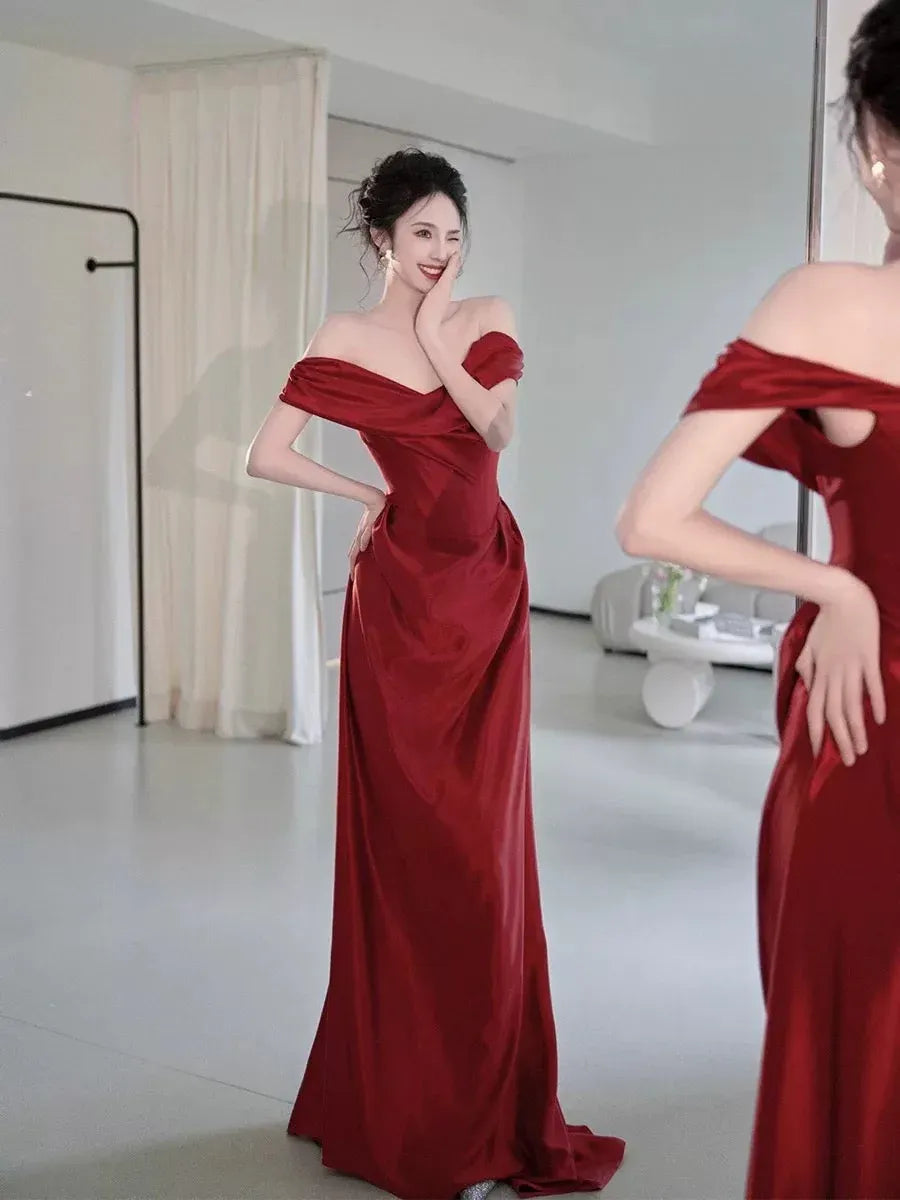 Luxe Mermaid Off-Shoulder Draped Red Long Prom Dress for Women Ready to Ship
