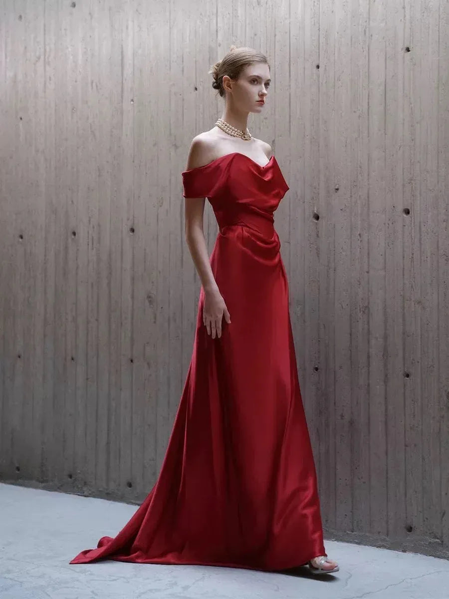 Luxe Mermaid Off-Shoulder Draped Red Long Prom Dress for Women Ready to Ship