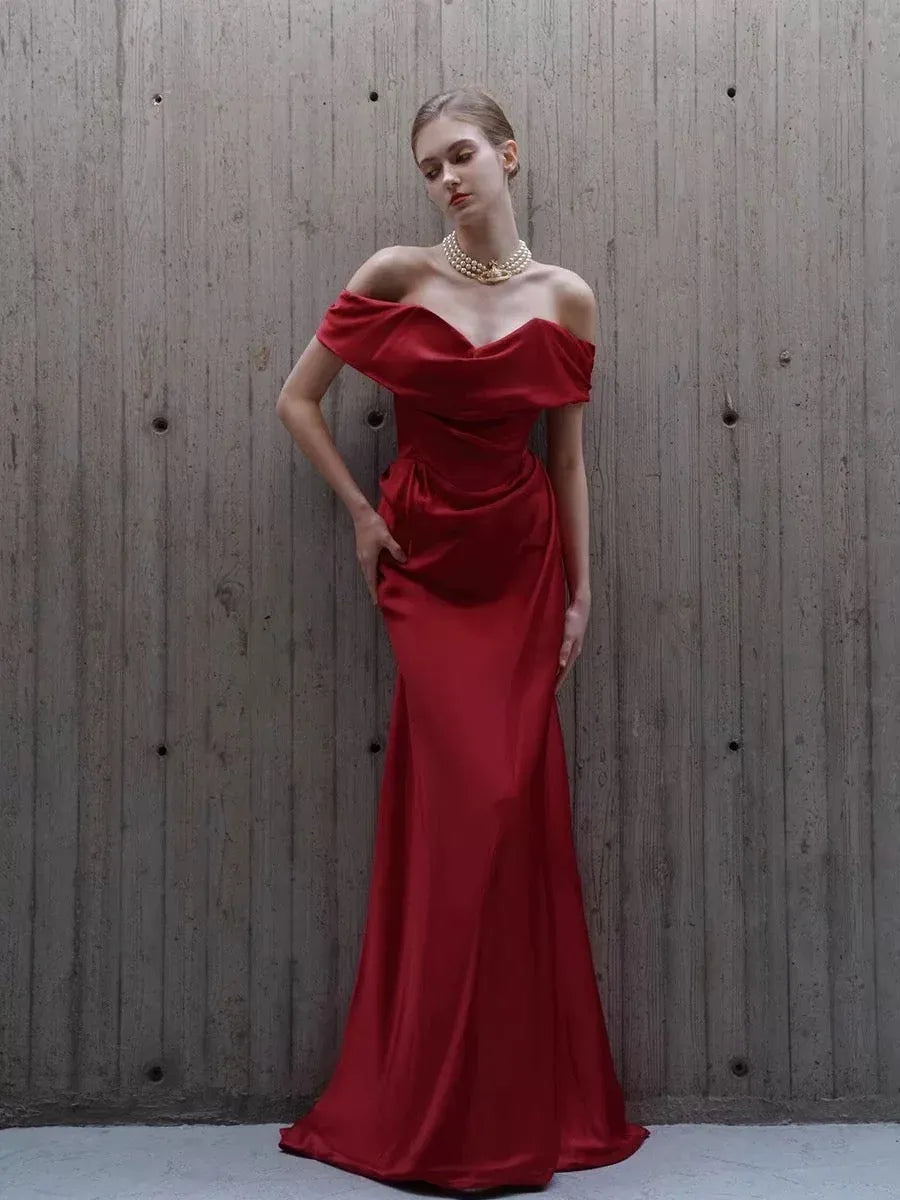 Luxe Mermaid Off-Shoulder Draped Red Long Prom Dress for Women Ready to Ship
