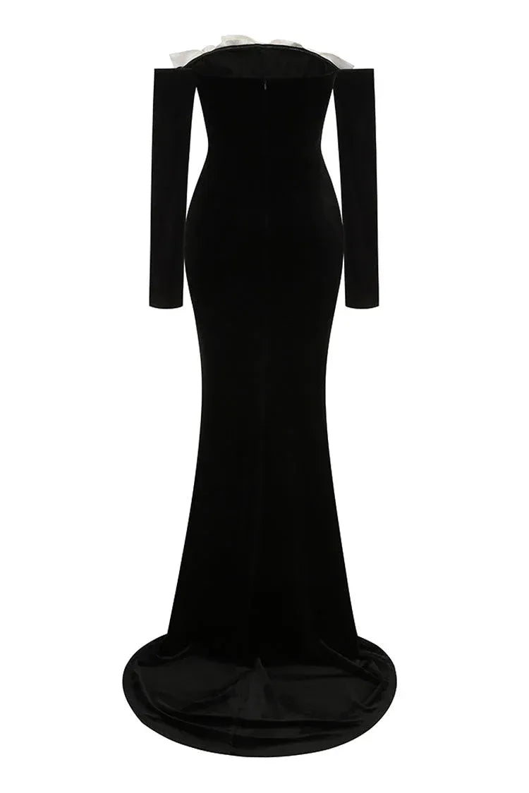 Luxe Mermaid Off-Shoulder Long-Sleeve Floral-Trimmed Velvet Black Maxi Evening Dress for Women