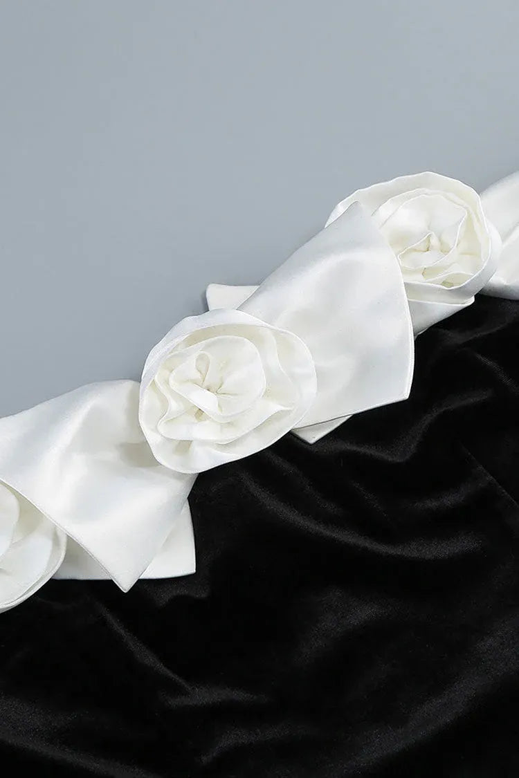 Luxe Mermaid Off-Shoulder Long-Sleeve Floral-Trimmed Velvet Black Maxi Evening Dress for Women