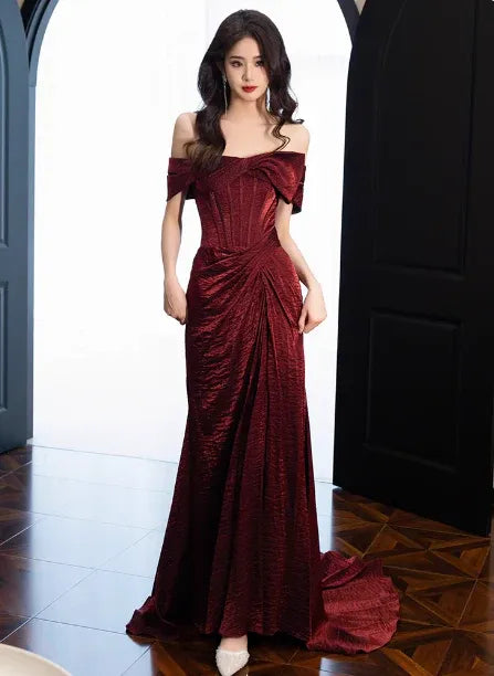 Luxe Mermaid Off-Shoulder Short-Sleeve Ruched Burgundy Long Prom Dress for Women Ready to Ship