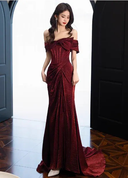 Luxe Mermaid Off-Shoulder Short-Sleeve Ruched Burgundy Long Prom Dress for Women Ready to Ship