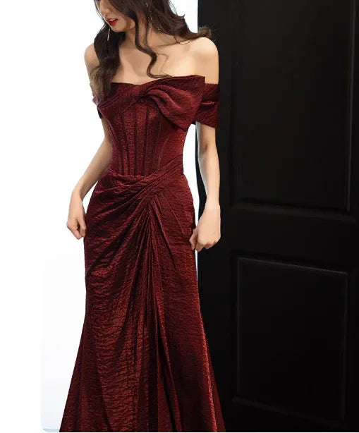 Luxe Mermaid Off-Shoulder Short-Sleeve Ruched Burgundy Long Prom Dress for Women Ready to Ship