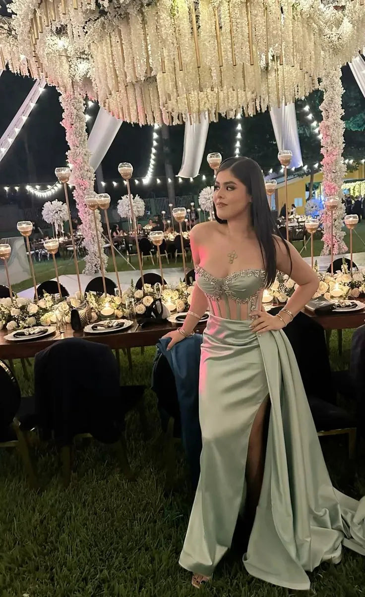 Luxe Mermaid Strapless Beaded Satin Sage Green Floor-Length Prom Dress for Women