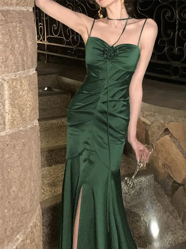 Luxe Mermaid Sweetheart-Neck Sleeveless Ruffled Satin Emerald Maxi Evening Dress for Women
