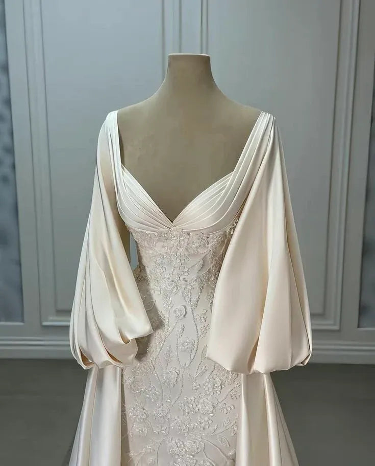 Luxe Mermaid Sweetheart Neck Puff-Sleeve Lace Champagne Maxi Wedding Dress for Women Custom