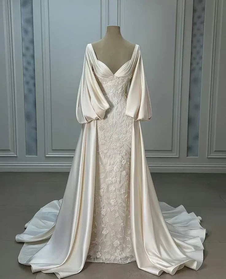 Luxe Mermaid Sweetheart Neck Puff-Sleeve Lace Champagne Maxi Wedding Dress for Women Custom