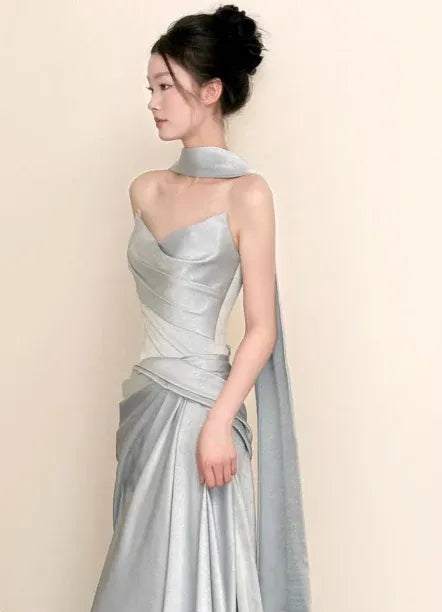 Luxe Mermaid Sweetheart Sleeveless Draped Silver-Grey Long Prom Dress for Women Ready to Ship