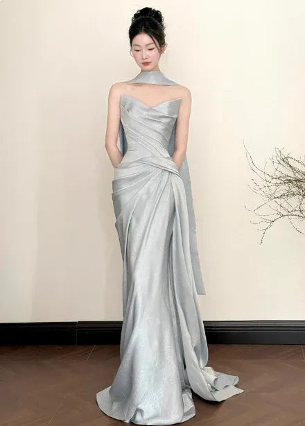 Luxe Mermaid Sweetheart Sleeveless Draped Silver-Grey Long Prom Dress for Women Ready to Ship