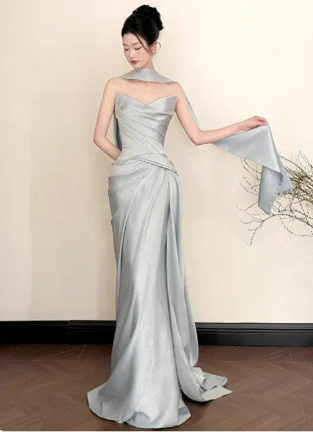 Luxe Mermaid Sweetheart Sleeveless Draped Silver-Grey Long Prom Dress for Women Ready to Ship