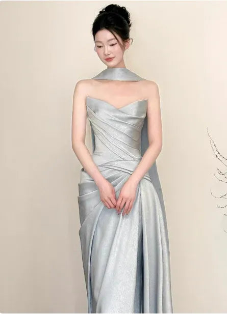 Luxe Mermaid Sweetheart Sleeveless Draped Silver-Grey Long Prom Dress for Women Ready to Ship
