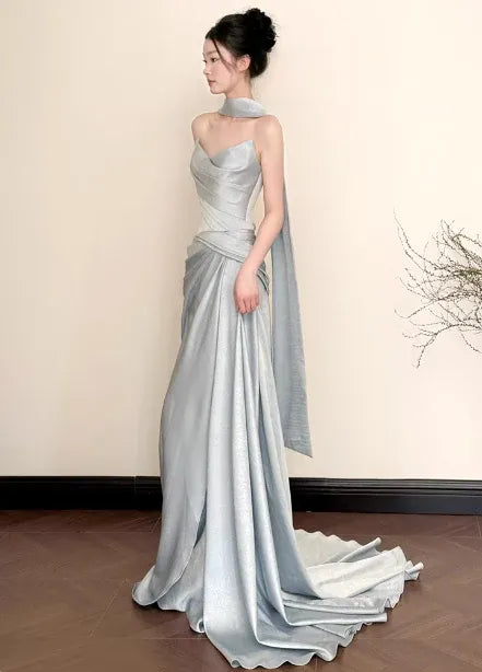 Luxe Mermaid Sweetheart Sleeveless Draped Silver-Grey Long Prom Dress for Women Ready to Ship