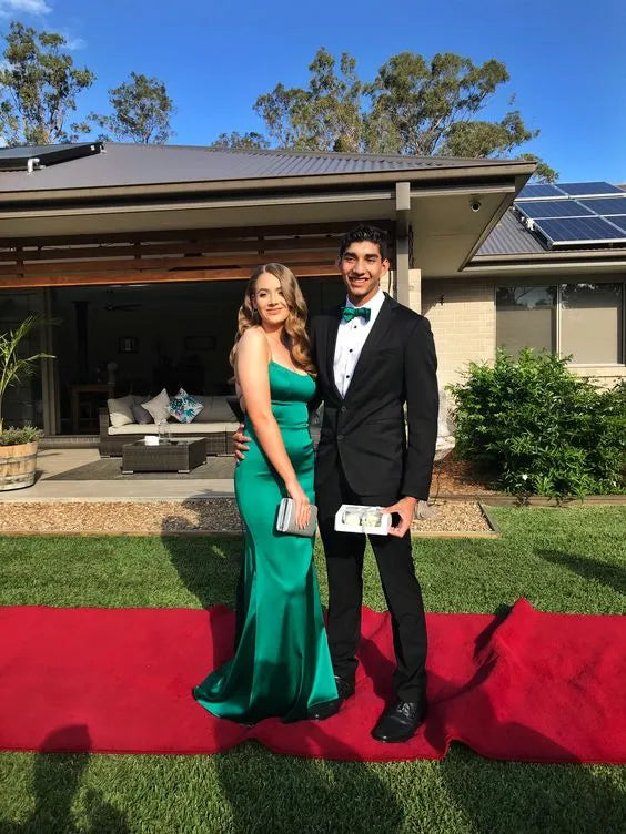 Luxe Mermaid Sweetheart Spaghetti-Strap Satin Emerald Green Maxi Evening Dress for Women