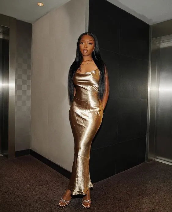 Luxe Metallic Satin Long Evening Dress Gold Cowl Neck Open Back for Women