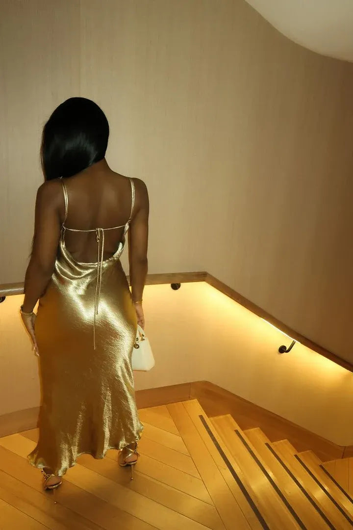 Luxe Metallic Satin Long Evening Dress Gold Cowl Neck Open Back for Women