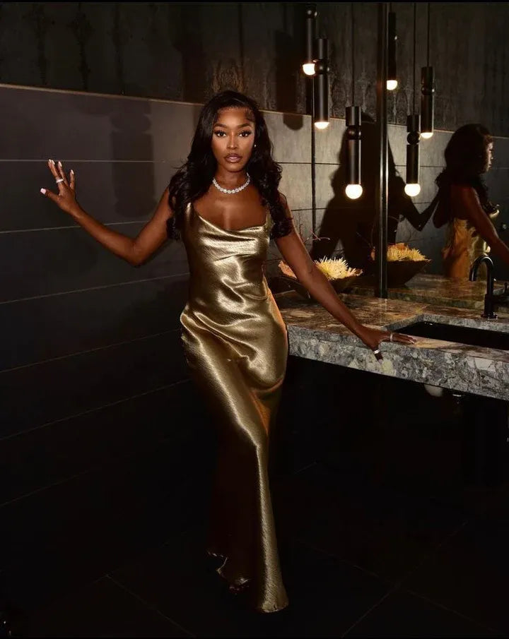 Luxe Metallic Satin Long Evening Dress Gold Cowl Neck Open Back for Women