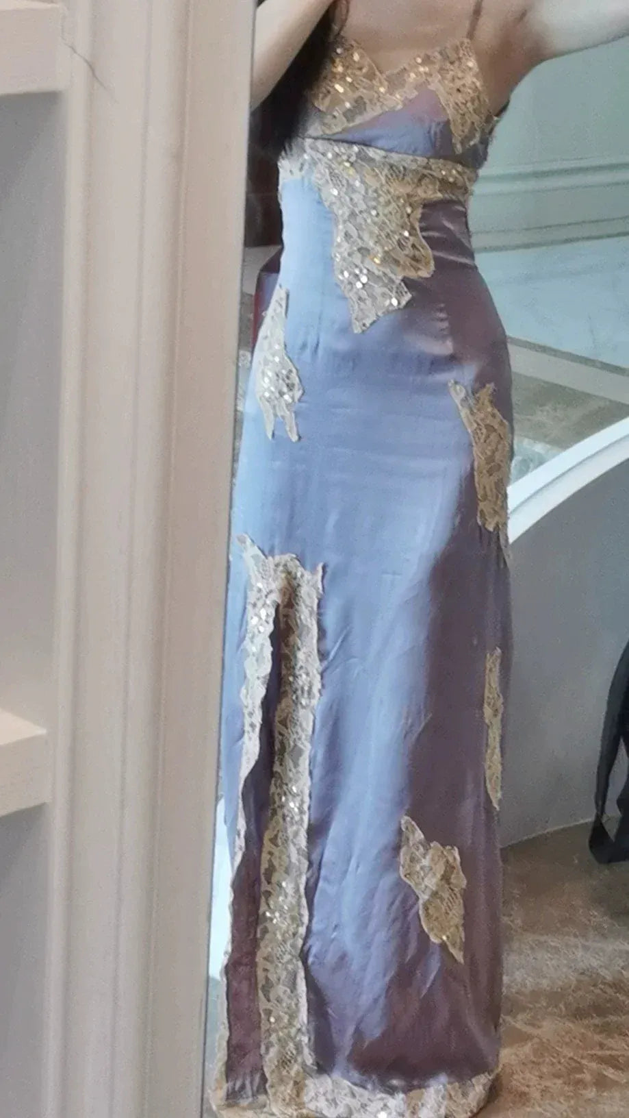 Luxe Satin-Sequin Long Evening Dress Lavender Sweetheart Sleeveless for Women