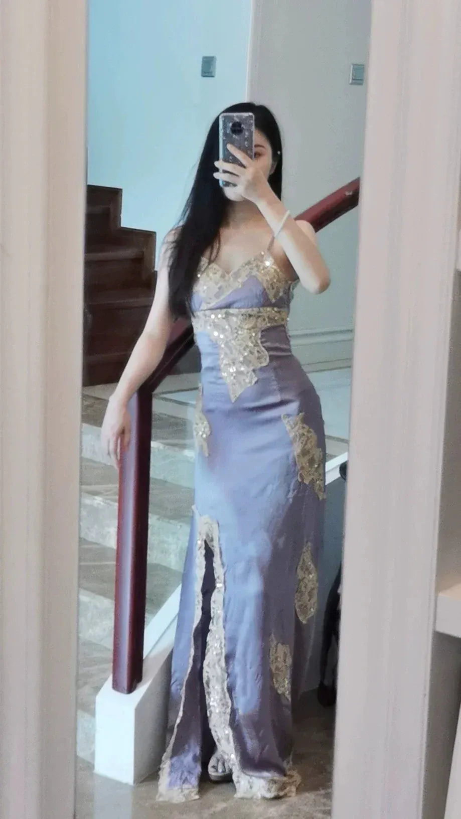 Luxe Satin-Sequin Long Evening Dress Lavender Sweetheart Sleeveless for Women