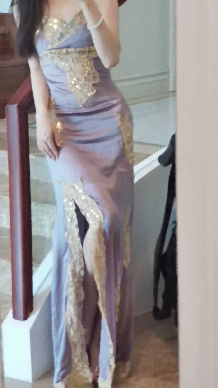 Luxe Satin-Sequin Long Evening Dress Lavender Sweetheart Sleeveless for Women