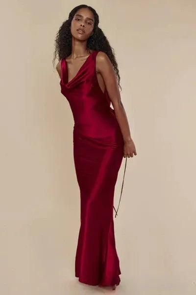 Luxe Satin Long Evening Dress Burgundy Cowl-Neck Sleeveless Party Gown for Women