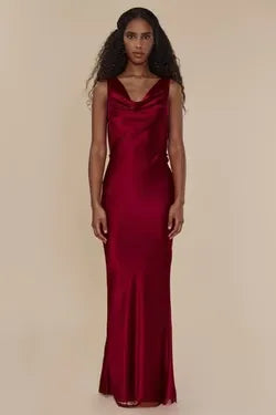 Luxe Satin Long Evening Dress Burgundy Cowl-Neck Sleeveless Party Gown for Women