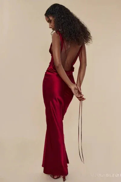 Luxe Satin Long Evening Dress Burgundy Cowl-Neck Sleeveless Party Gown for Women