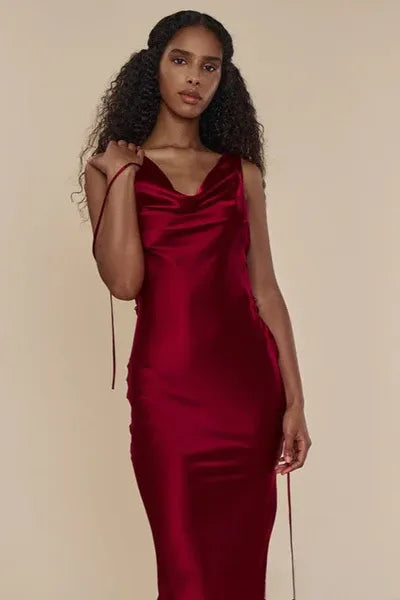 Luxe Satin Long Evening Dress Burgundy Cowl-Neck Sleeveless Party Gown for Women