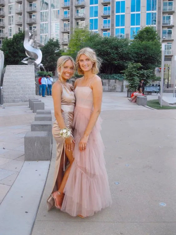 Airy Tulle-Layered Long Evening Dress Blush Pink Spaghetti Strap for Women
