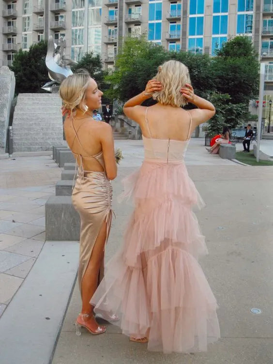 Airy Tulle-Layered Long Evening Dress Blush Pink Spaghetti Strap for Women