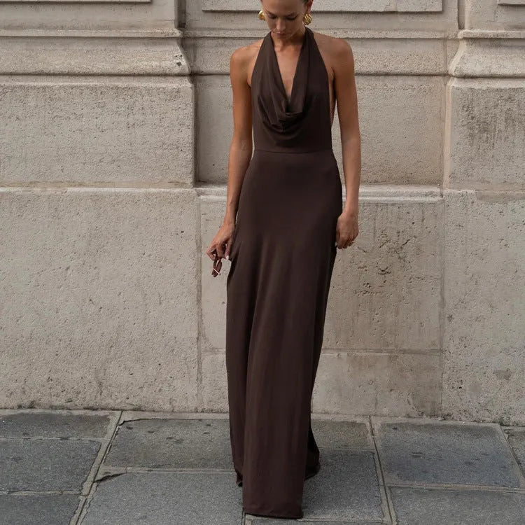 Luxe Satin Long Evening Dress Chocolate Brown Halter-Neck Open-Back for Women