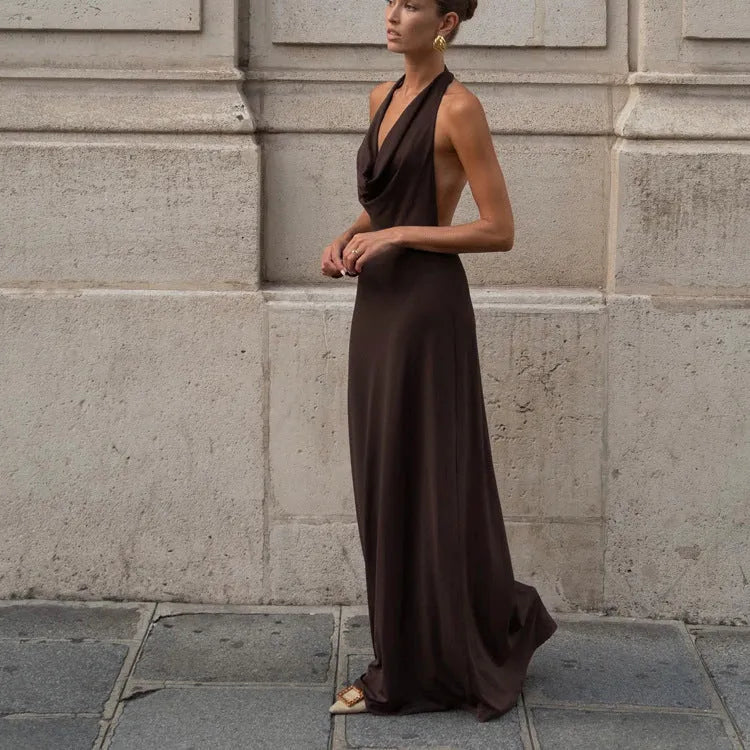 Luxe Satin Long Evening Dress Chocolate Brown Halter-Neck Open-Back for Women