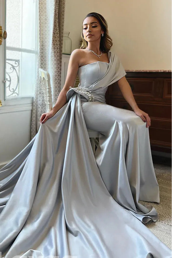 Luxe Satin Long Evening Dress Silver One-Shoulder Beaded-Accent for Women