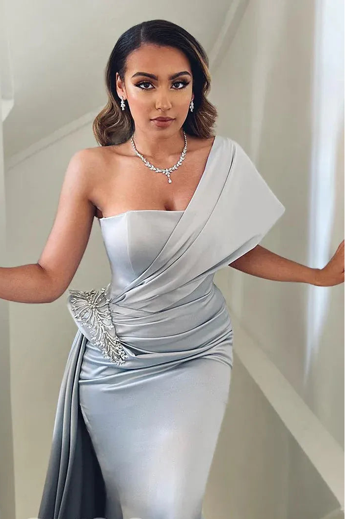 Luxe Satin Long Evening Dress Silver One-Shoulder Beaded-Accent for Women